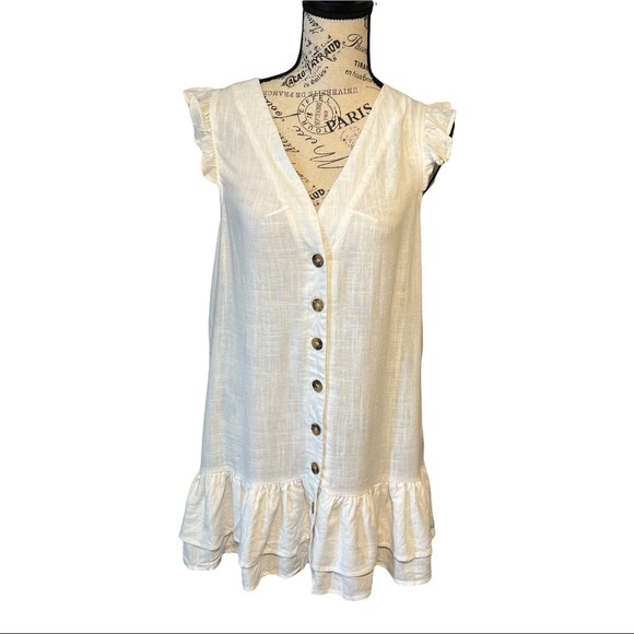 Skylar + Madison Button Dress Ivory Ruffle Trim Tiered V-Neck Mini Rayon Linen L - Picture 3 of 6